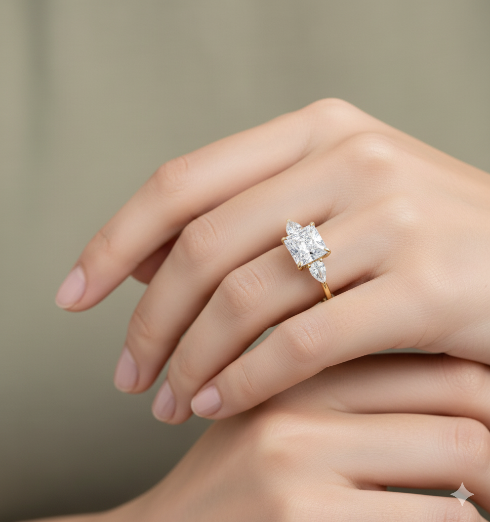 2.350 ct Princess Cut Lab Grown Diamond Engagement Ring • Three Stone Bridal Ring