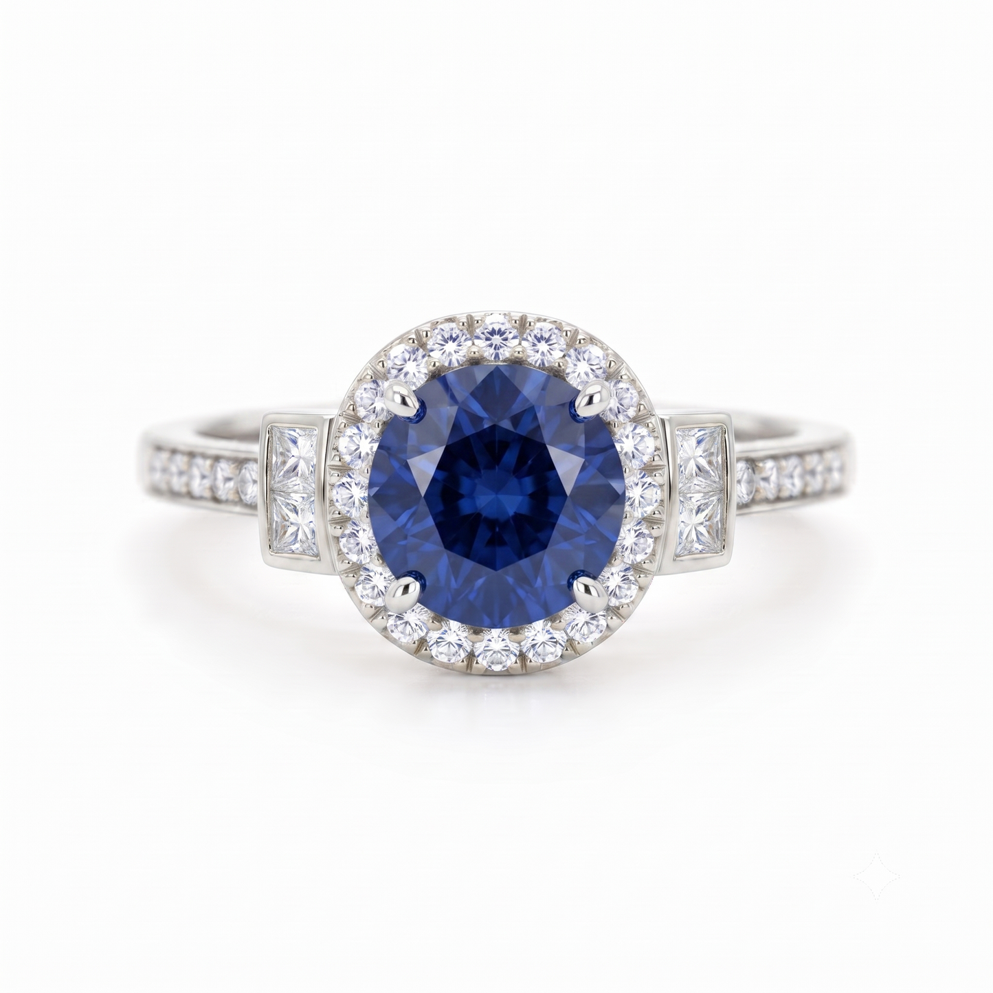 1.500 CT Round Cut Halo Blue Sapphire Lab Grown Diamond Engagement Ring