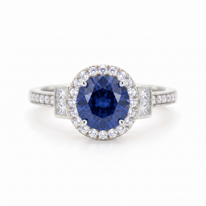 1.500 CT Round Cut Halo Blue Sapphire Lab Grown Diamond Engagement Ring