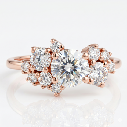1.10 CT Round Cut Cluster Engagement Ring - 14K Gold