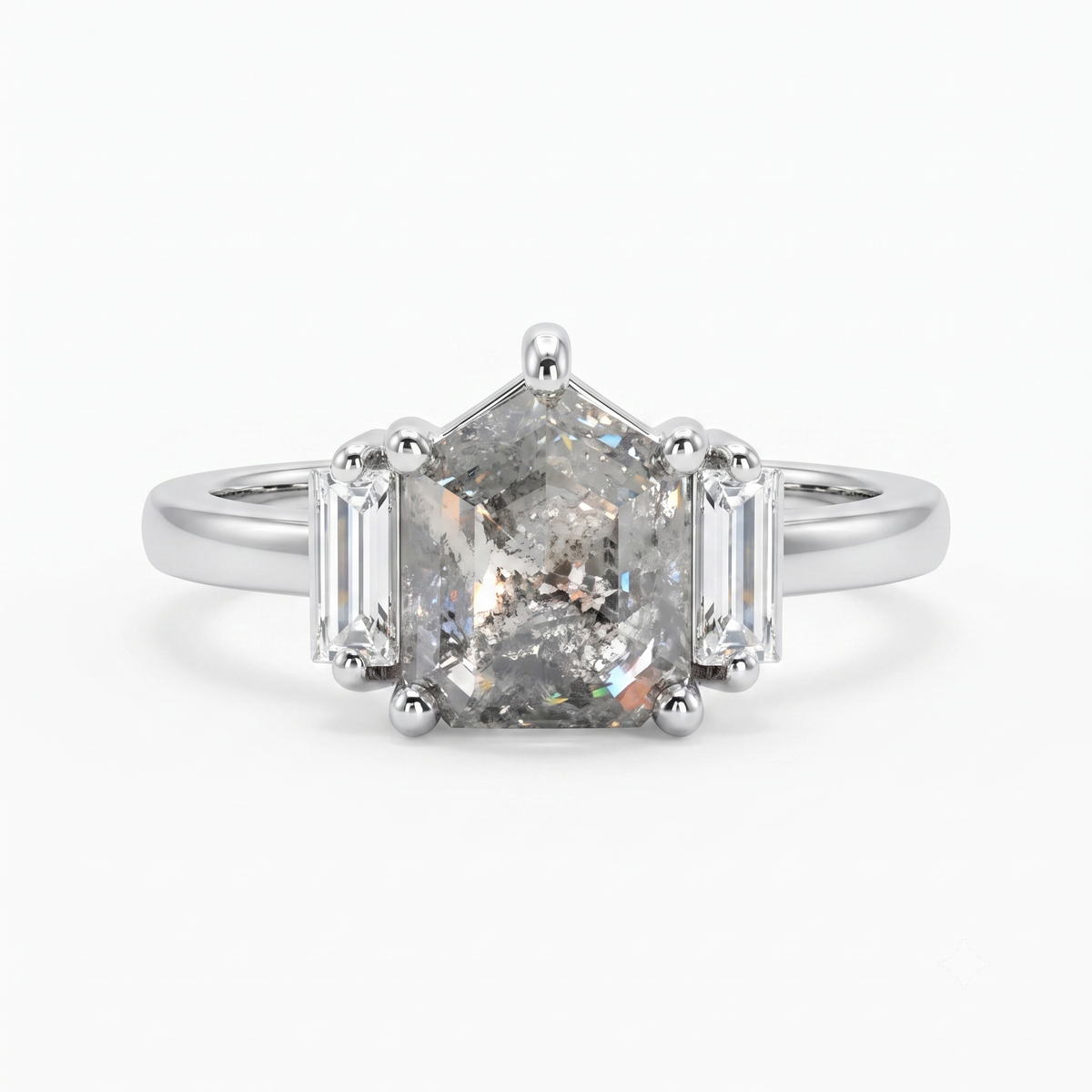 1.80tcw. Pentagon Cut Salt and Pepper Diamond Halo Ring