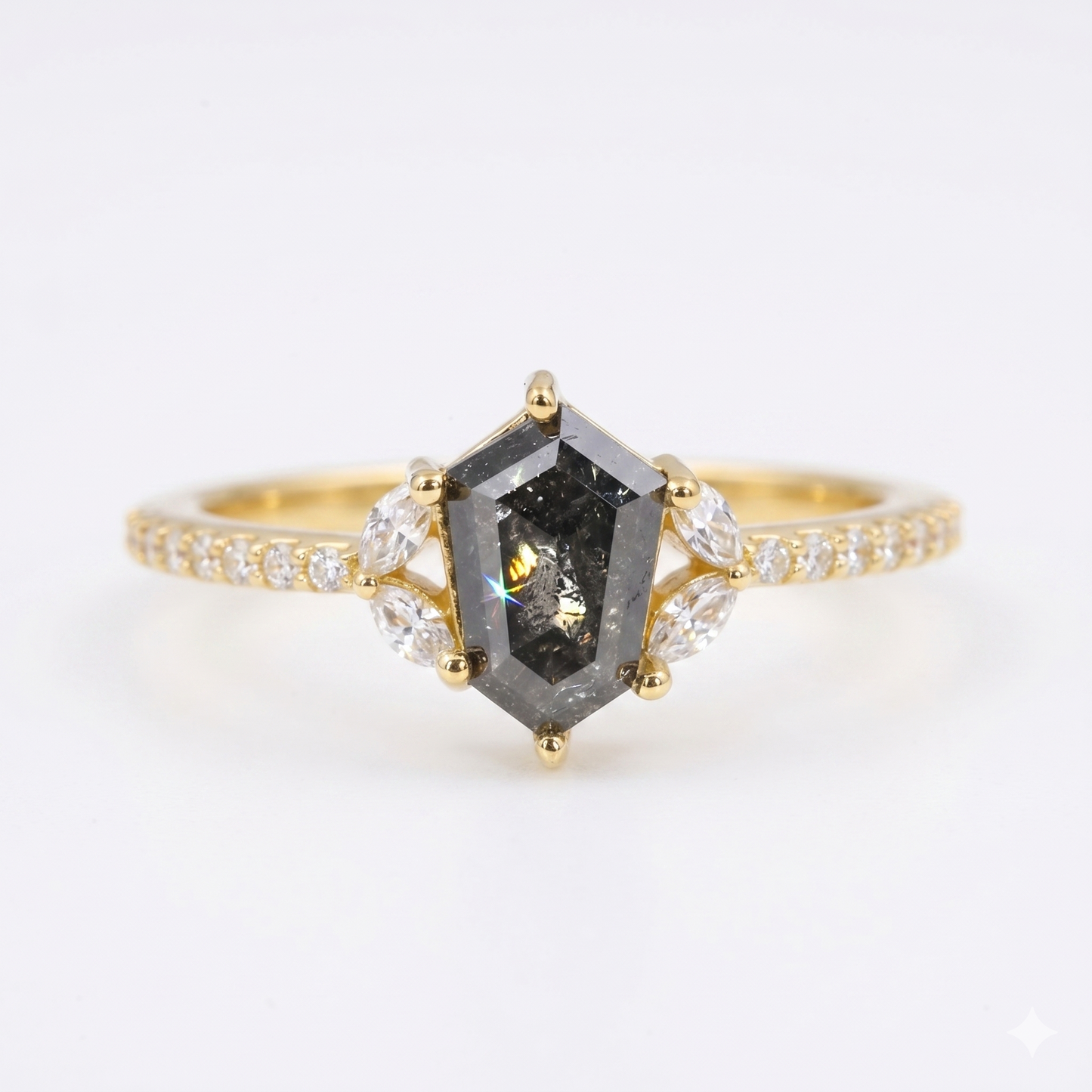 0.90ct Hexagon cut salt and pepper Engagement Diamond Ring