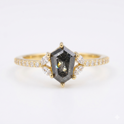0.90ct Hexagon cut salt and pepper Engagement Diamond Ring