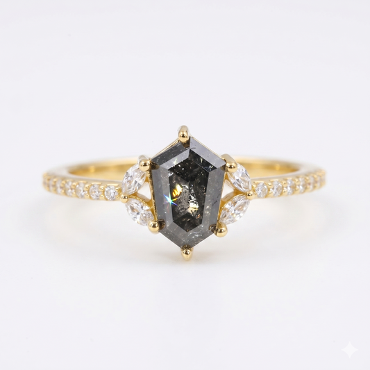 0.90ct Hexagon cut salt and pepper Engagement Diamond Ring