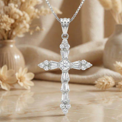 .37 Carat Moissanite Cross Pendant Necklace – Solid 14K Gold