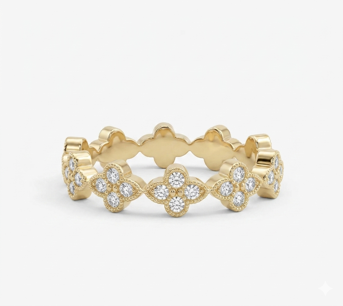 14K Gold Floral Eternity Diamond Band – Vintage Style Wedding Ring