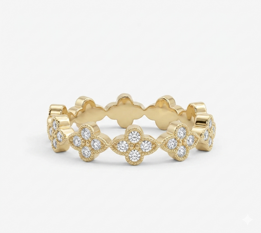 14K Gold Floral Eternity Diamond Band – Vintage Style Wedding Ring