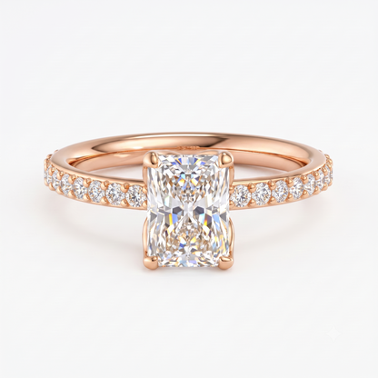 1.5 CT Radiant Cut Lab Grown Solitaire Hidden Halo Half Eternity Engagement Ring
