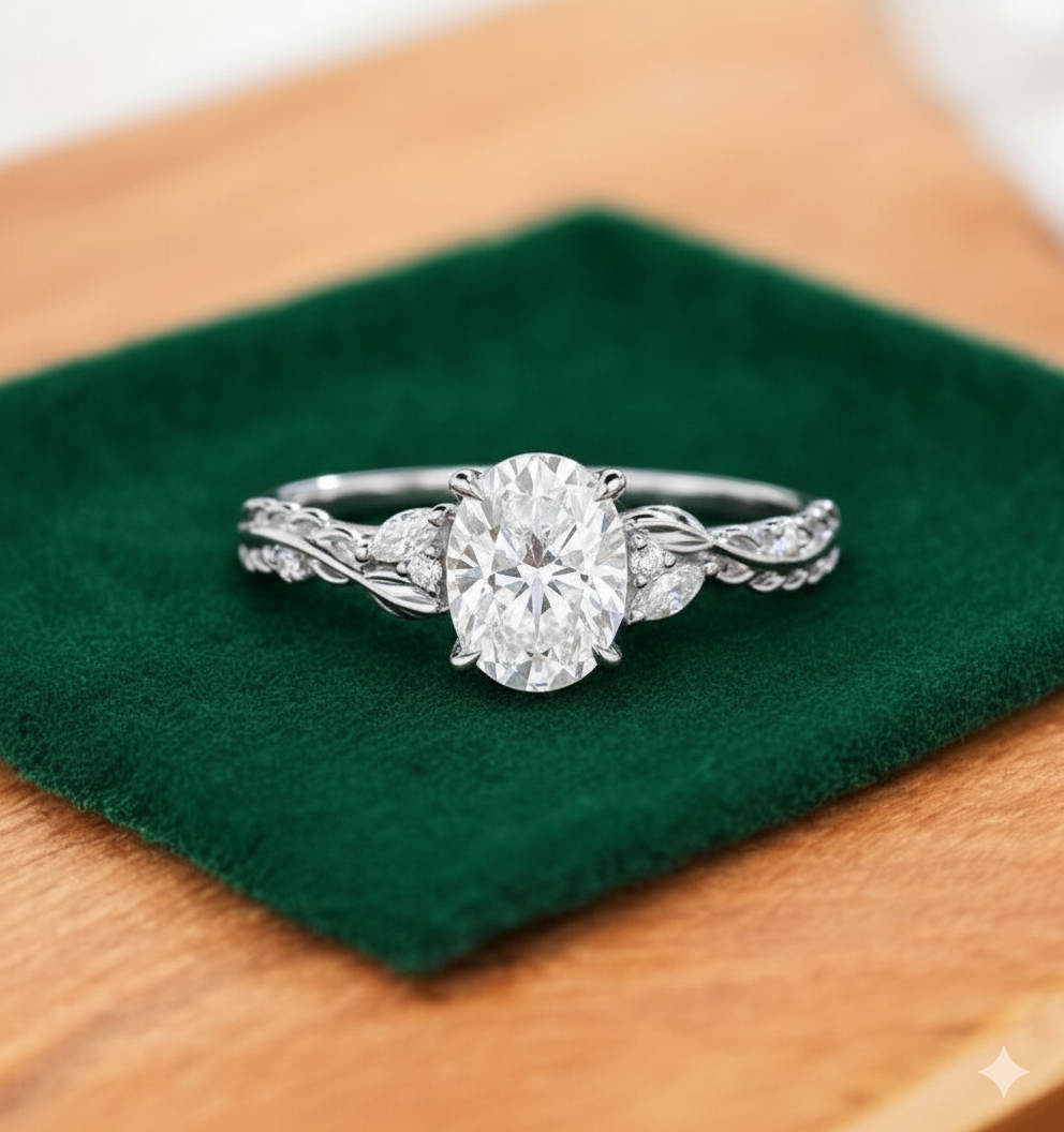 1.60ct Oval Lab Grown Diamond Engagement Ring, Leaf Art Deco Bridal Ring