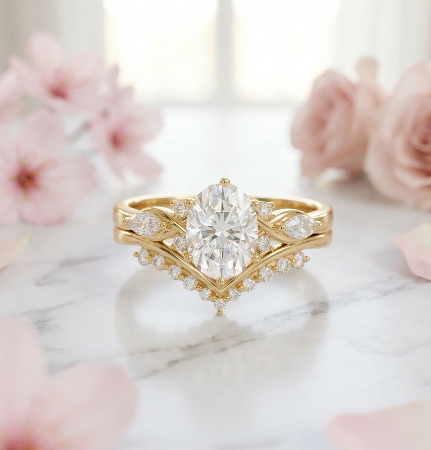 1.560CT Oval Lab Grown Diamond Engagement Ring Set