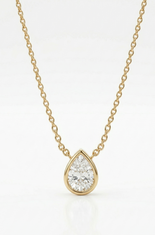 yellow gold pear shape diamond pendants bezel set​

