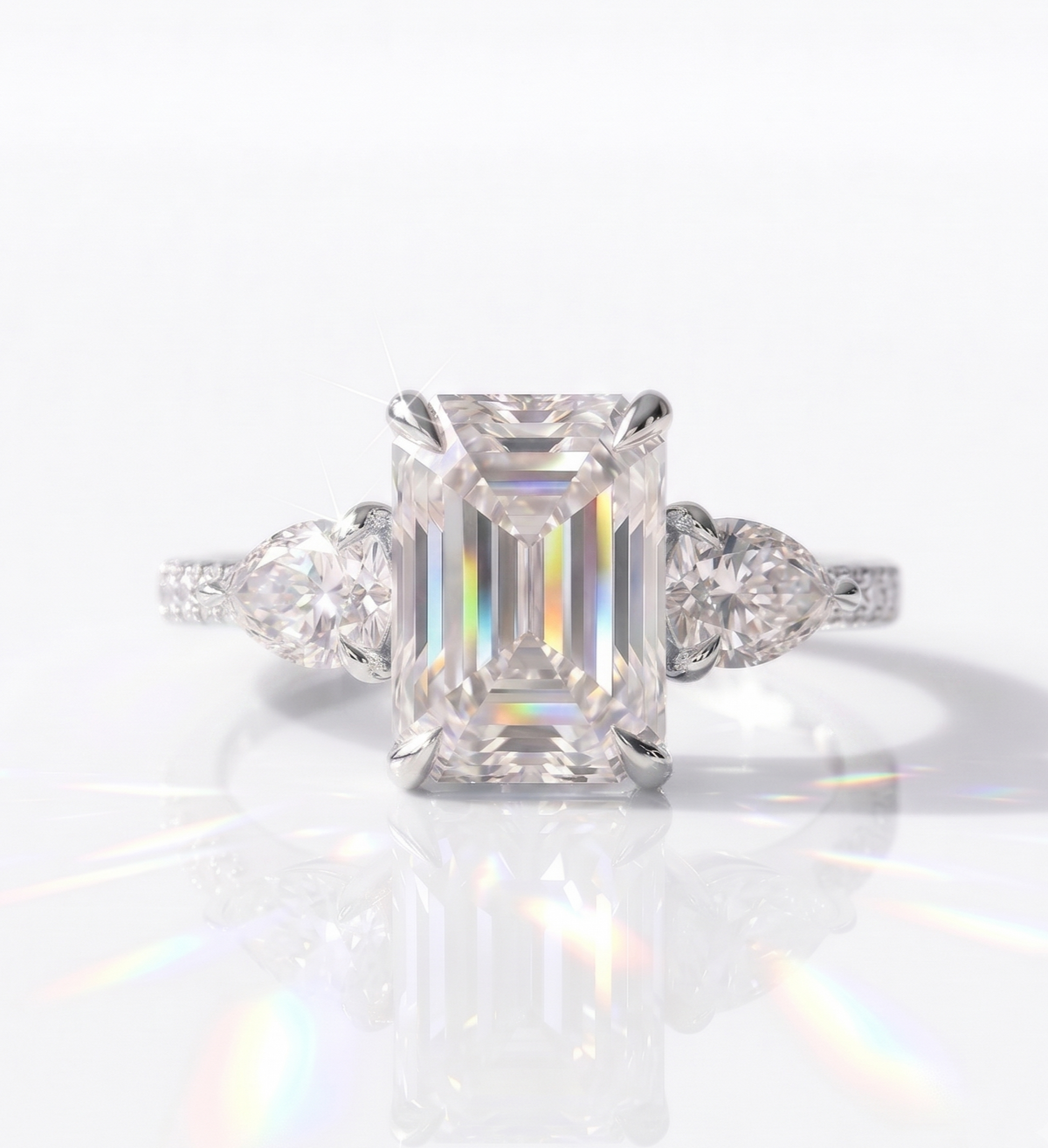 2.45 Ct Emerald Lab Grown Diamond Three Stone Engagement Ring