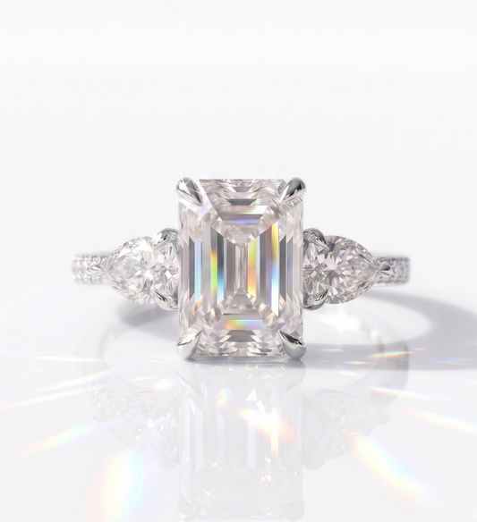 2.45 Ct Emerald Lab Grown Diamond Three Stone Engagement Ring