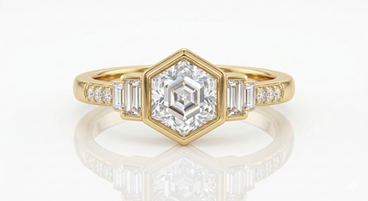 1.60 Ct Hexagon Lab Grown Diamond Ring with Baguette Side Stones