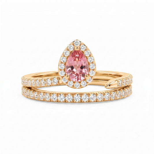 1.00Ct Pear Cut Man Made Pink Sapphire Halo Engagement Ring