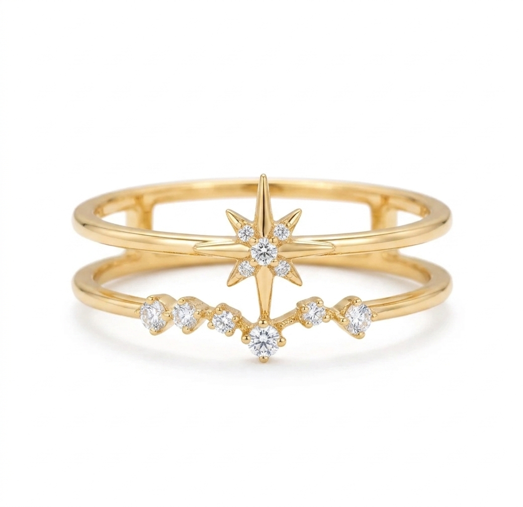 14K Gold Starburst Lab Diamond Double‑Band Ring