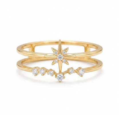 14K Gold Starburst Lab Diamond Double‑Band Ring