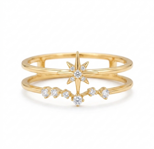 14K Gold Starburst Lab Diamond Double‑Band Ring