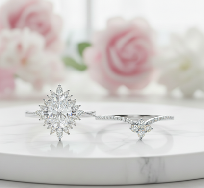 1.60 Ct Oval Lab-Grown Diamond Bridal Ring Set – Floral Halo