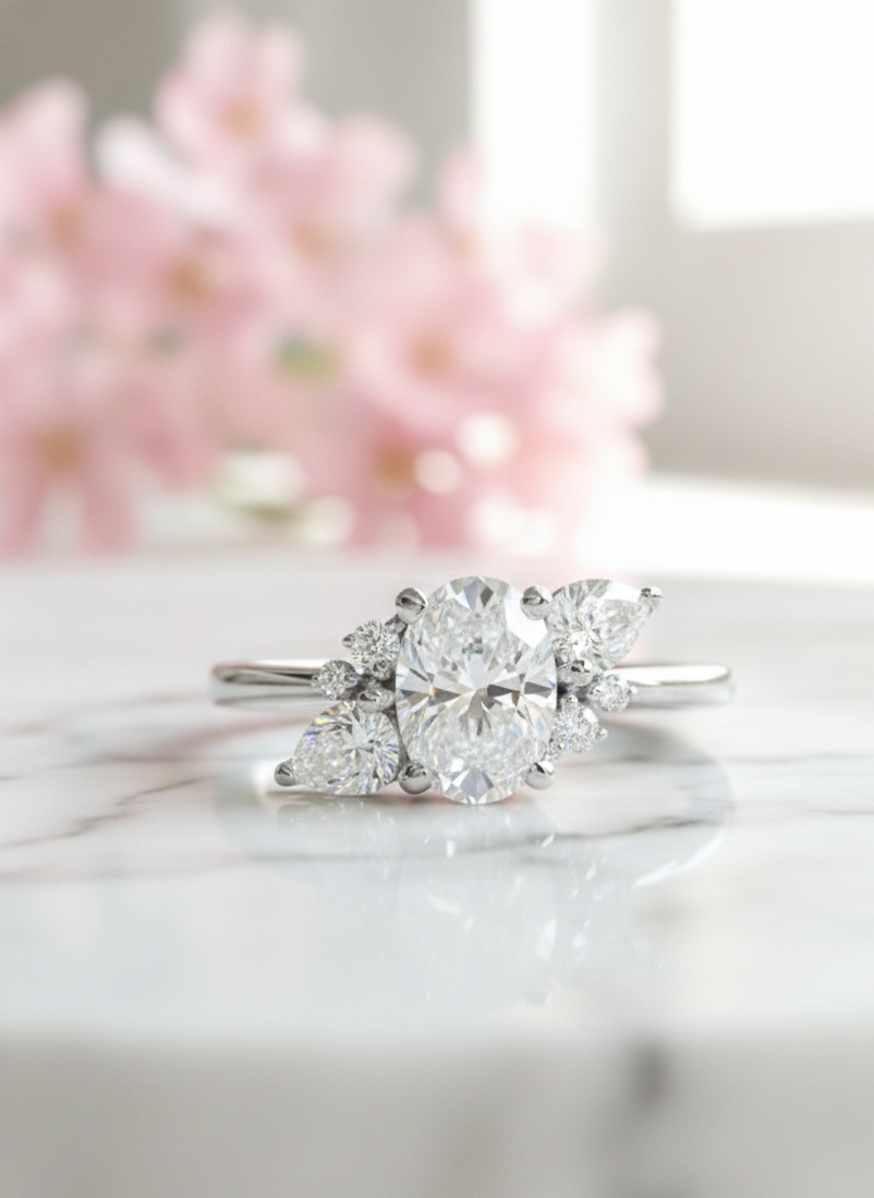 Elegant 1.70 CT Oval Engagement Ring – 14K Gold Cluster Design