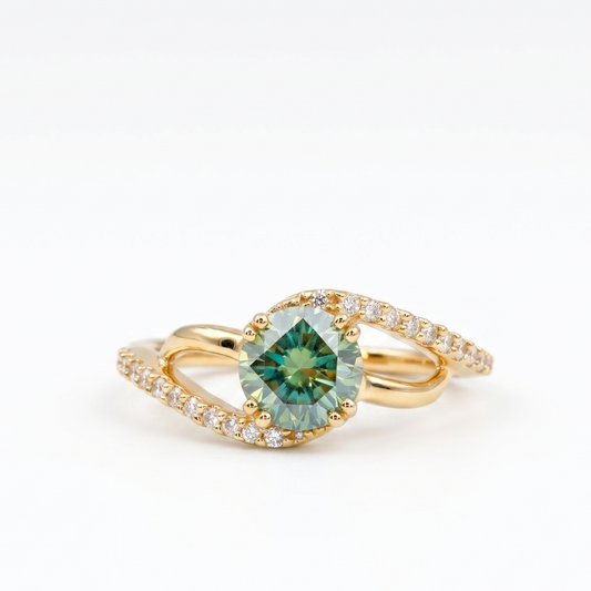1.00 CT Round Blue-Green Color Lab-Grown Ring, Engagement Ring