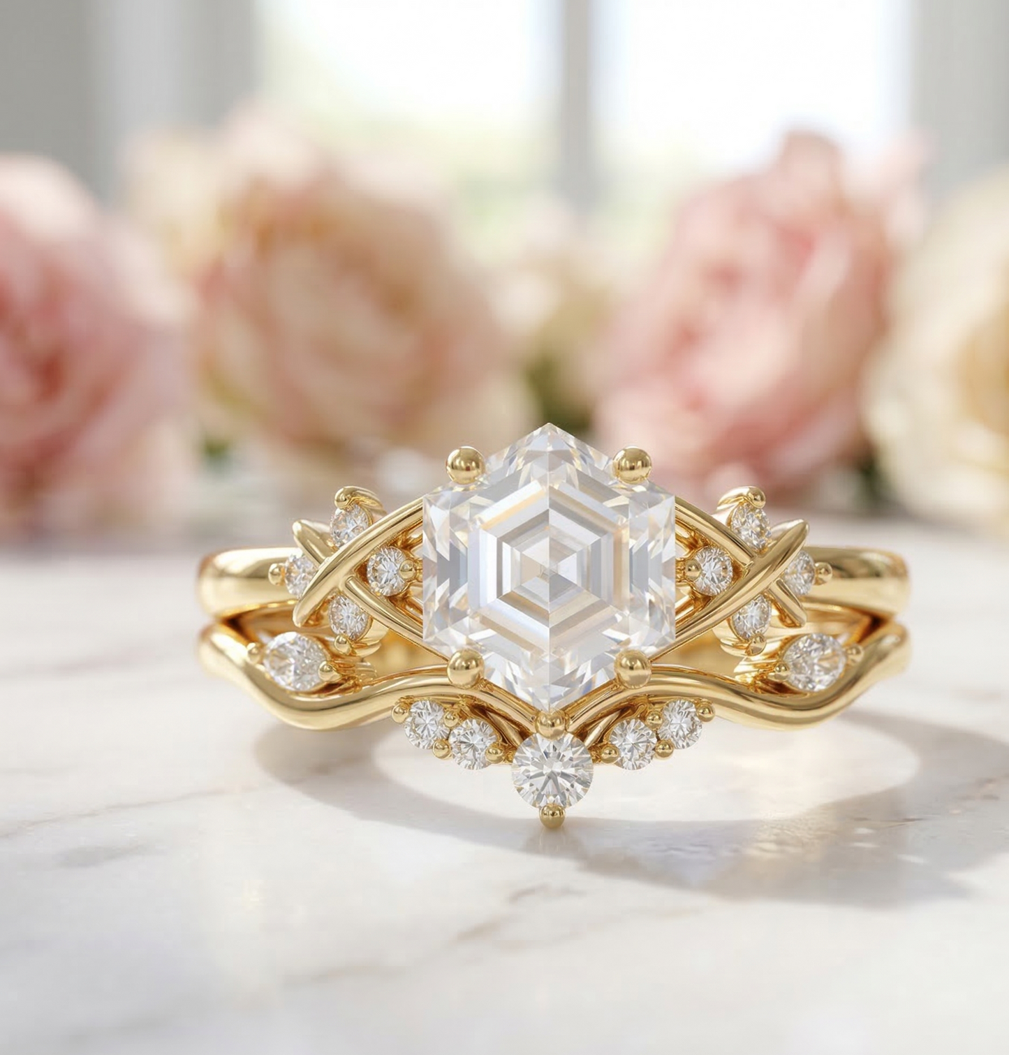 hexagon engagement ring wedding band