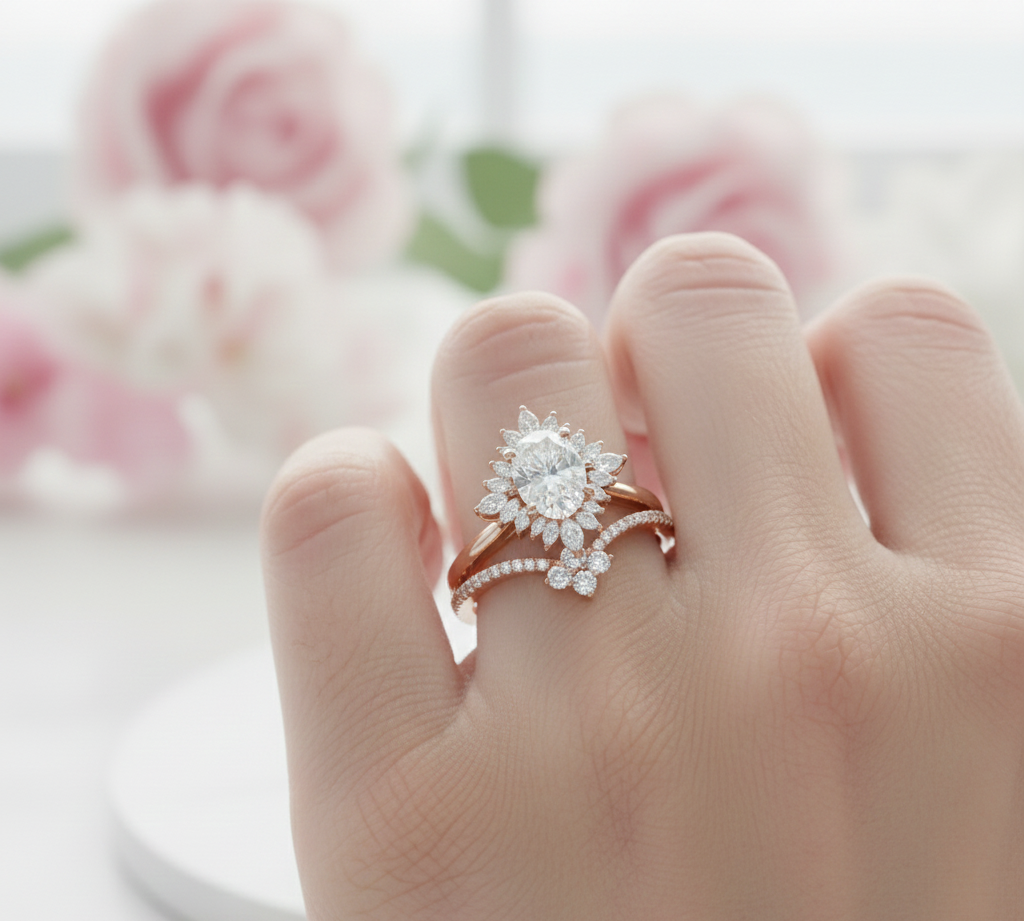 1.60 Ct Oval Lab-Grown Diamond Bridal Ring Set – Floral Halo