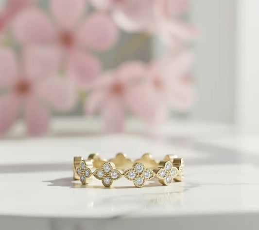 14K Gold Floral Eternity Diamond Band – Vintage Style Wedding Ring