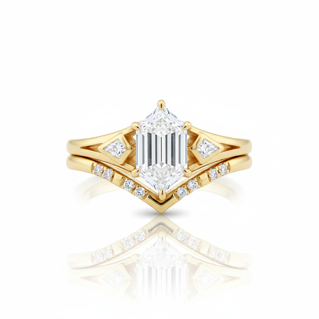 1.65 Ct Hexagon Lab Grown Diamond Engagement Ring Set