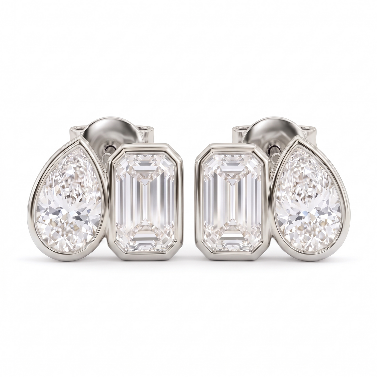 2.00 Ct Pear & Emerald Cut Lab Grown Diamond Bezel Studs Earrings