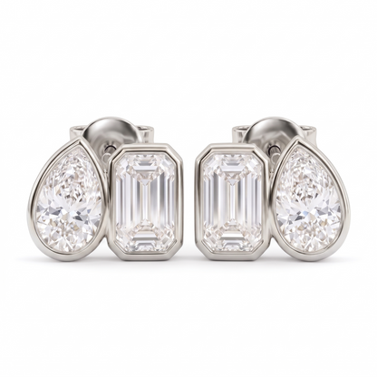 2.00 Ct Pear & Emerald Cut Lab Grown Diamond Bezel Studs Earrings