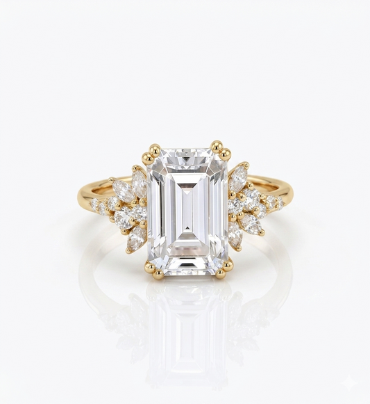 3.5ct Emerald Cut Lab Grown Diamond Engagement Ring • Vintage Yellow Gold Cluster Bridal Ring
