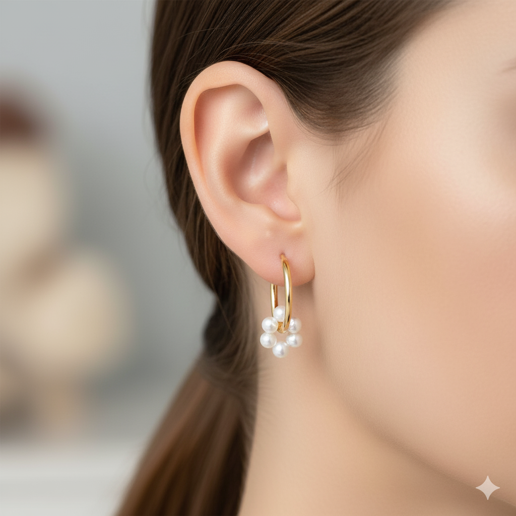 Pearl Hoop Earrings • Gold Hoop Earrings with Pearl Cluster