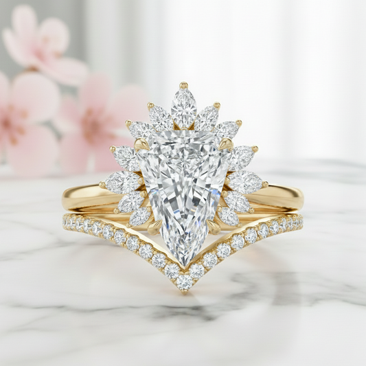 2.40 Ct Shield Cut Moissanite Halo Engagement Ring Set