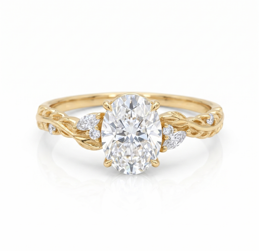1.60ct Oval Lab Grown Diamond Engagement Ring - Leaf Art Deco