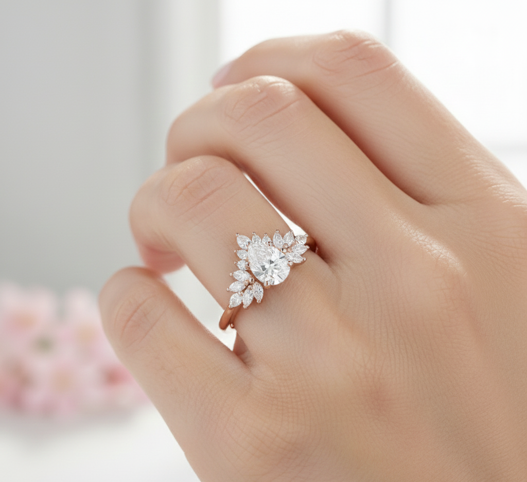 1.70 Ct Pear Lab Diamond Bridal Set – Vintage Cluster Ring