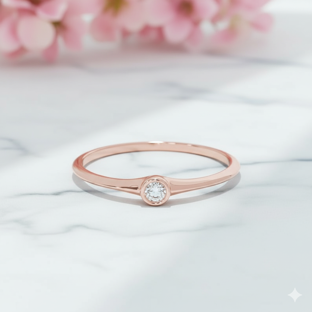 Minimalist Lab Grown Diamond Bezel Ring • 14K Gold Dainty Solitaire Ring