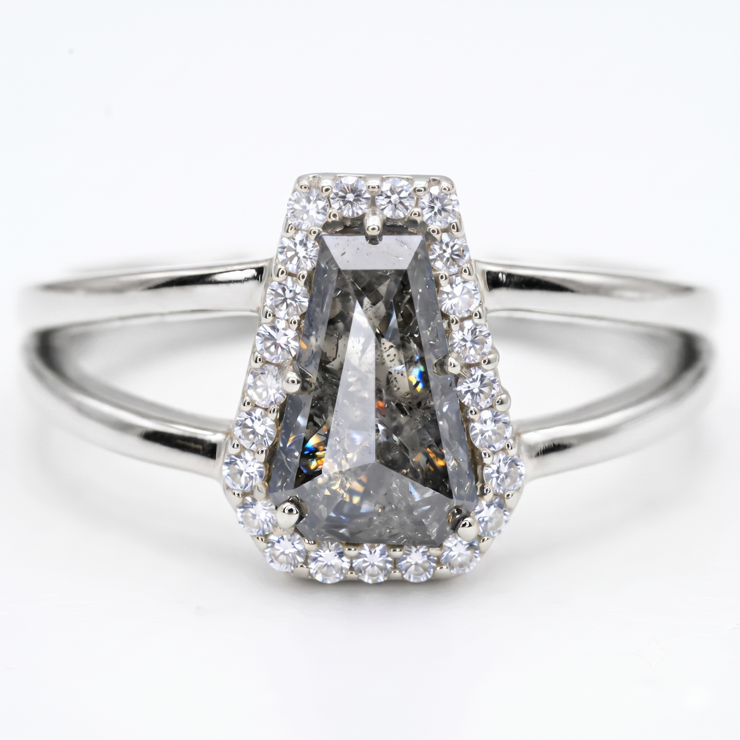 1.00ct Coffin cut salt and pepper Diamond Halo Ring