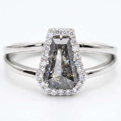 1.00ct Coffin cut salt and pepper Diamond Halo Ring