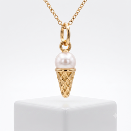 Pearl Ice Cream Cone Pendant Necklace, 14K Gold