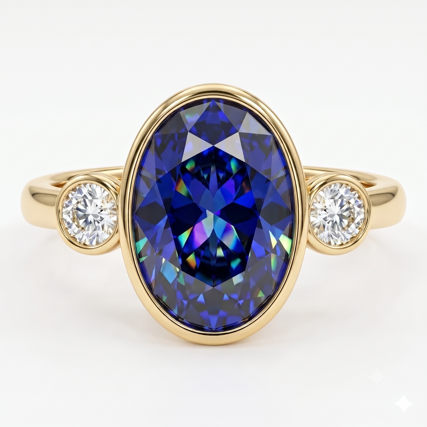 Blue Sapphire Oval Birthstone Bezel Setting Three Stone Engagement Ring