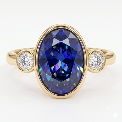 Blue Sapphire Oval Birthstone Bezel Setting Three Stone Engagement Ring