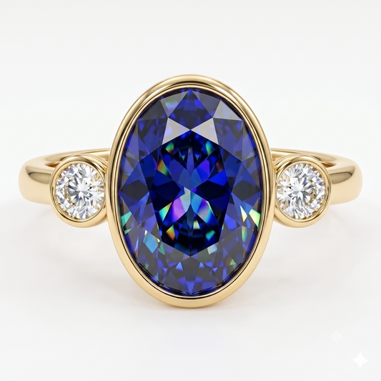 Blue Sapphire Oval Birthstone Bezel Setting Three Stone Engagement Ring