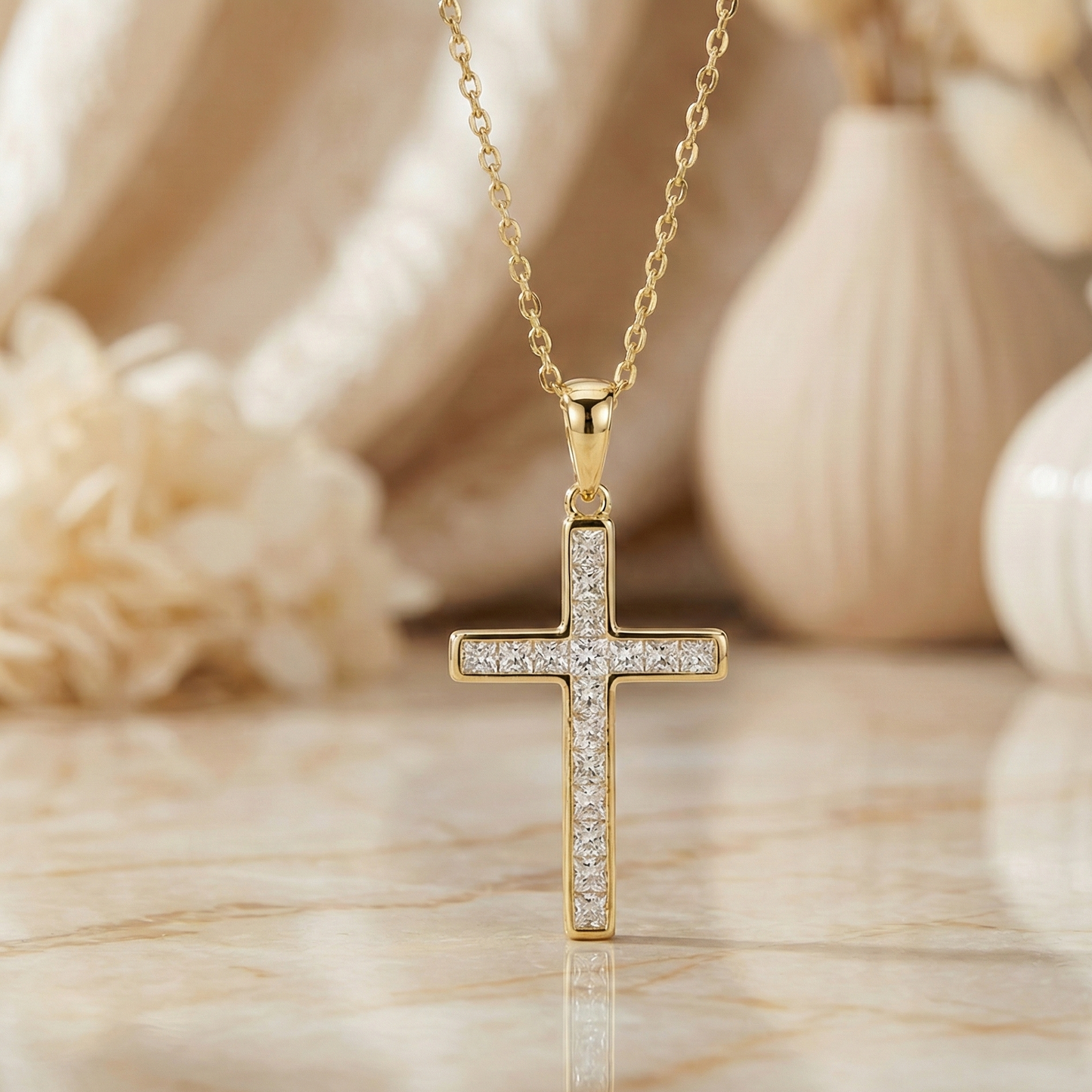 0.580 ct Moissanite Cross Pendant - Princess Cut Tennis Necklace