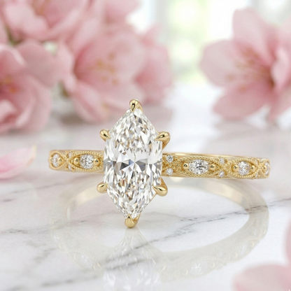 2.24 ct Marquise Lab Diamond Vintage Milgrain Engagement Ring