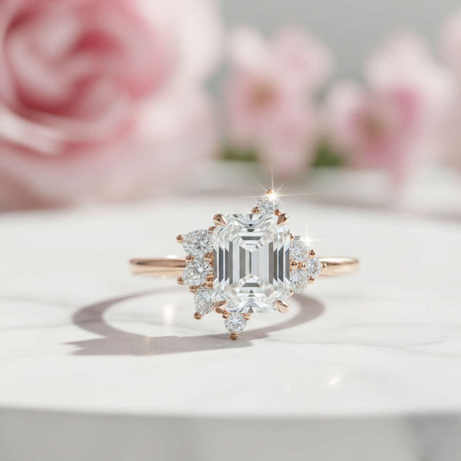 1.600ct Emerald Cut Three Stone Cluster Engagement Ring