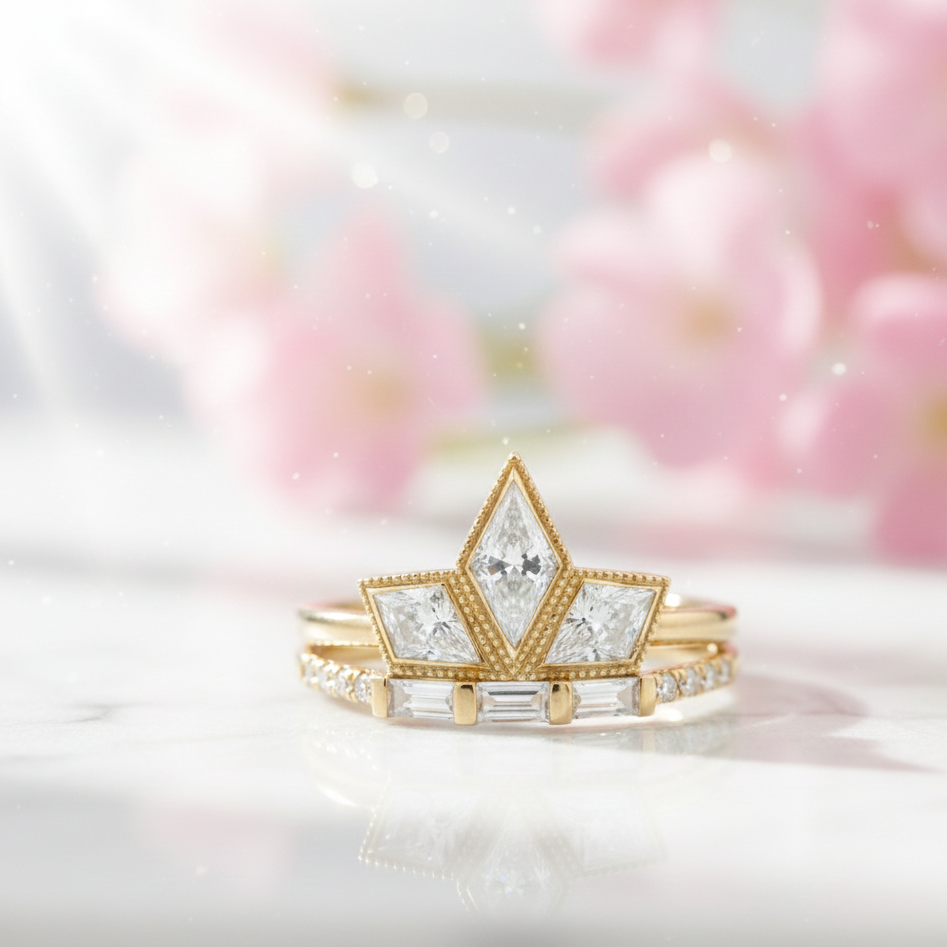 1.20ct Kite Cut Lab Grown Art Deco Three Stone Engagement Ring sets
