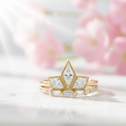 1.20ct Kite Cut Lab Grown Art Deco Three Stone Engagement Ring sets