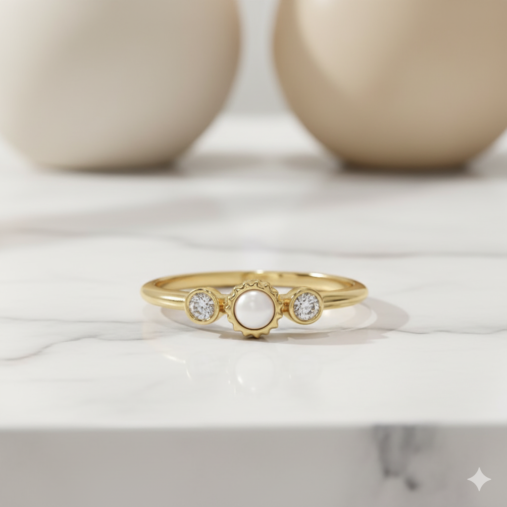 14K Solid Gold Pearl Lab Grown Diamond Ring • Dainty Stacking Ring