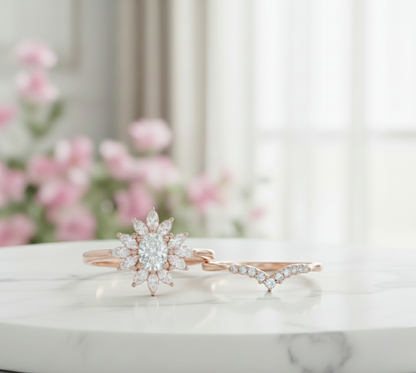 1.10 Ct Oval Lab-Grown Bridal Set – Sunburst Engagement Ring